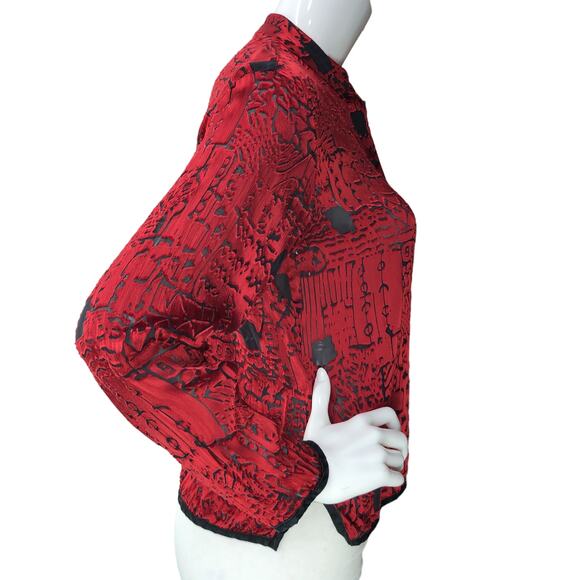 Chicos Design Womens Size 0 US 4 Top Silk Blend Burnout Shirt Button Front Red - Picture 9 of 14